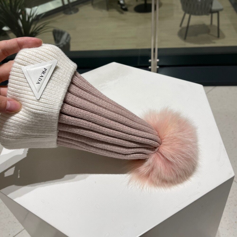 Prada Two Tone Knit Beanie with Pom Pom - Picture 4 of 8